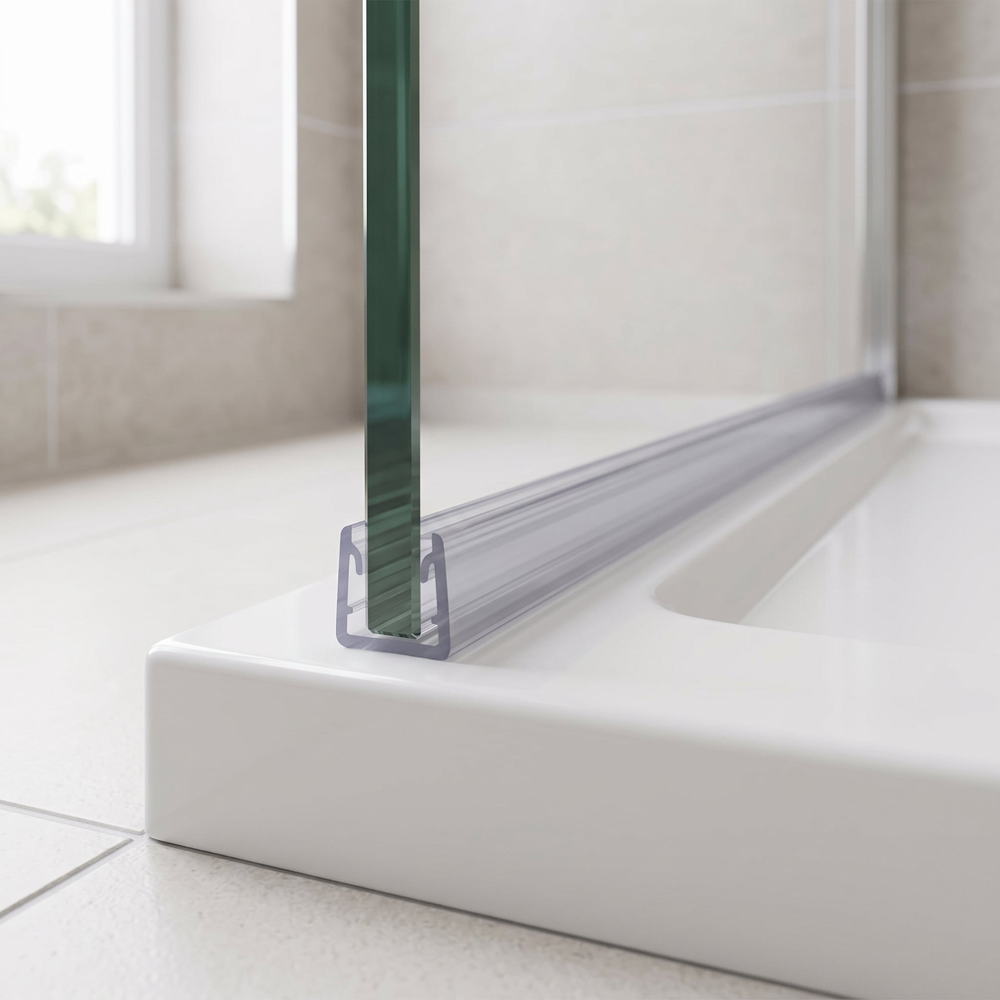 Clear SEAL026 U channel framing seal fitted on the bottom edge of 10-12mm glass shower panel