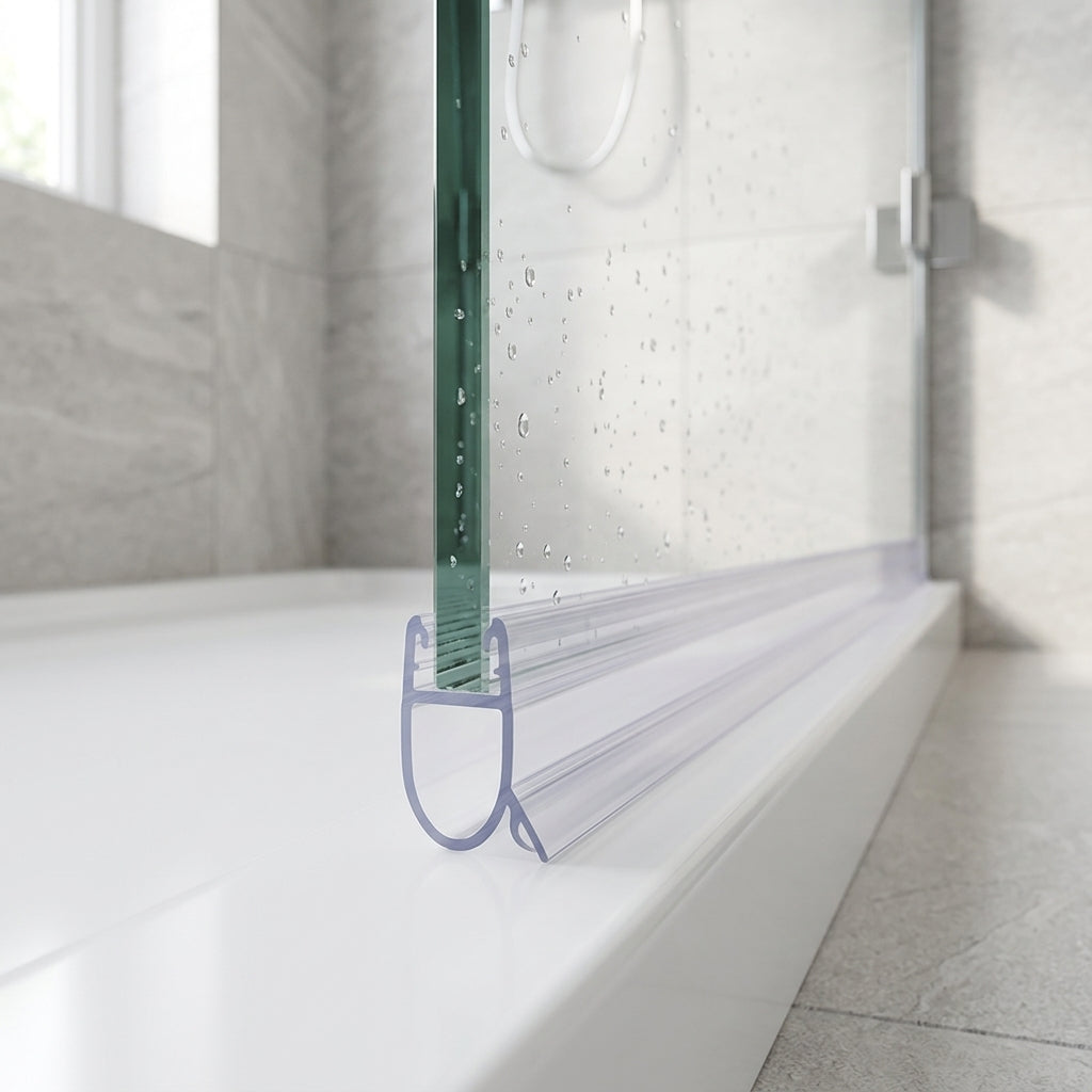 Shower screen seal installed on glass panel - Pre-Curved Shower Screen Seal - Fits 4-6mm Glass - Seals 7-12mm Gaps - 850mm