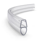 Clear seal curved into a C on white, cut end forward showing a tapered glass channel above a hollow teardrop bubble