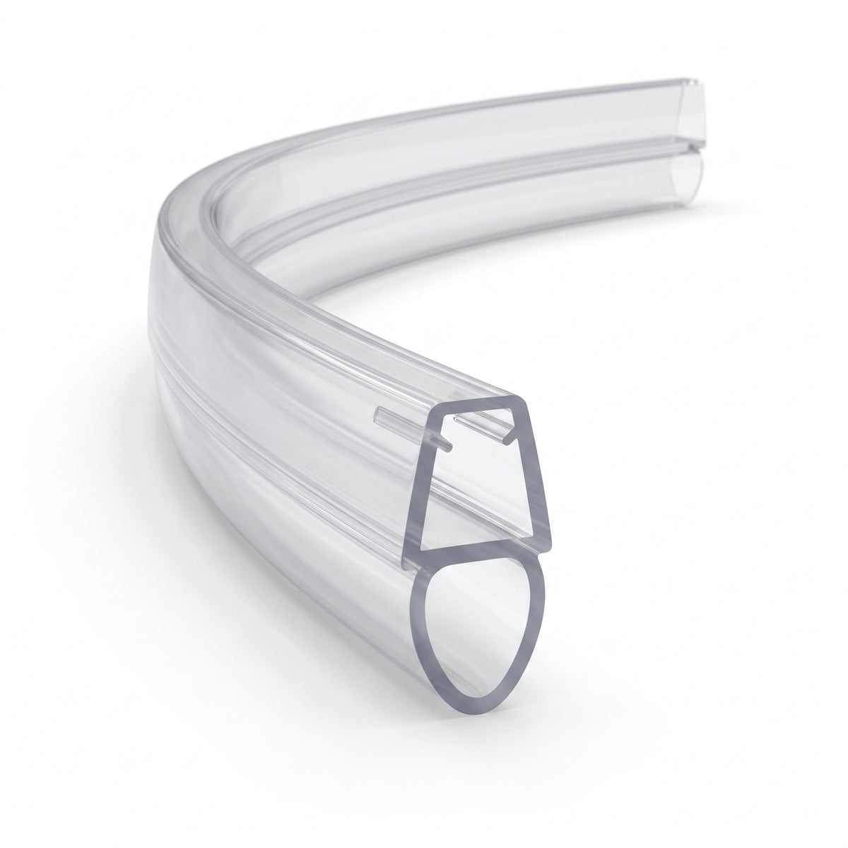 Clear seal curved into a C on white, cut end forward showing a tapered glass channel above a hollow teardrop bubble