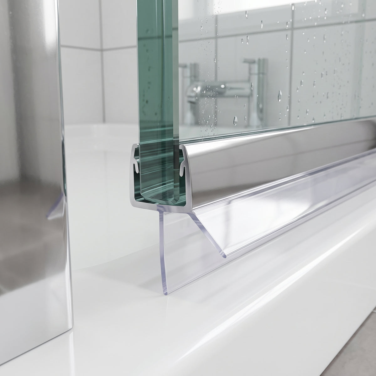 Chrome-topped clear seal on a glass door bottom edge above a white tray, chrome tap behind