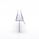 Clear seal offcut end-on on white, slim glass channel with a long thin blade dropping below