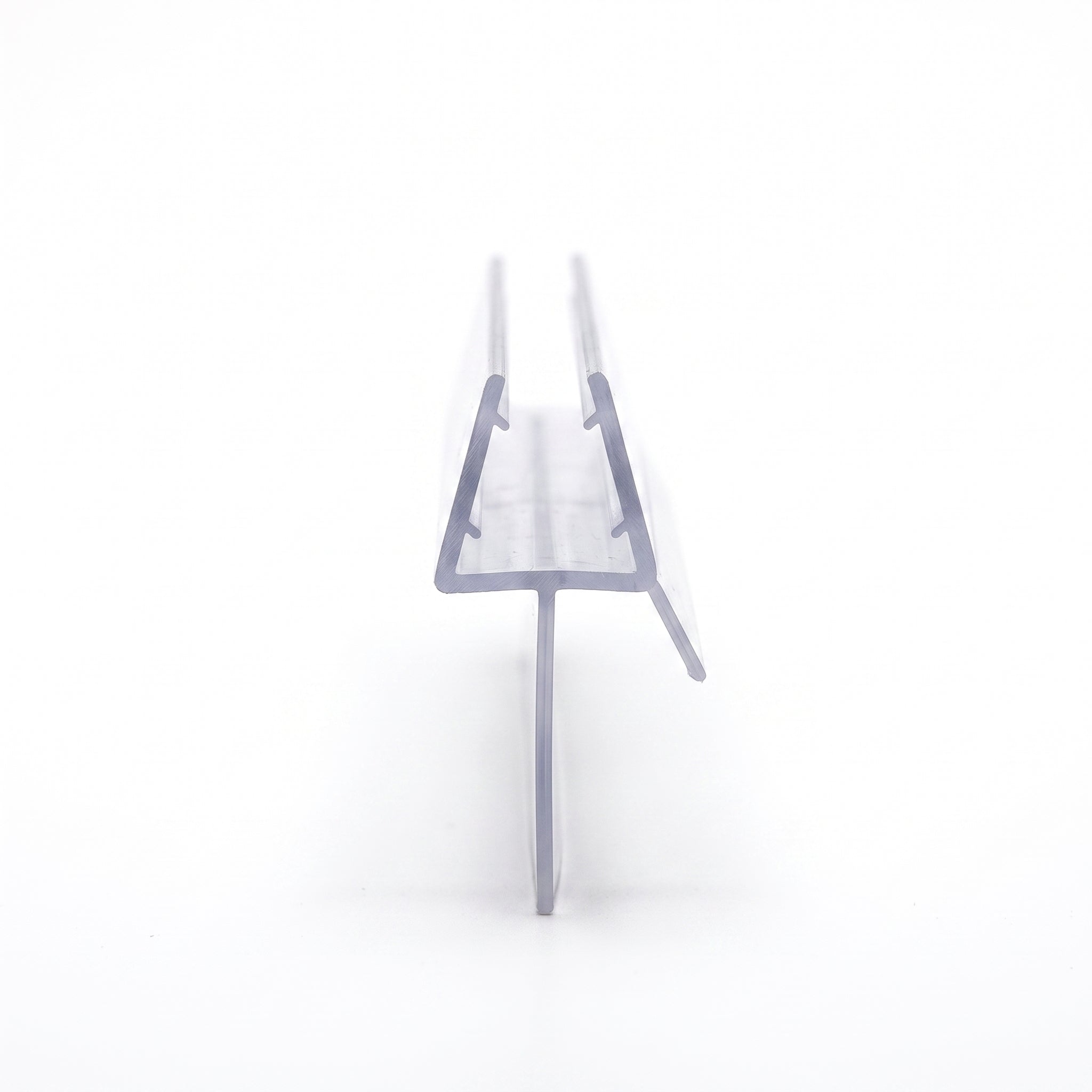 Cut length of SEAL036 clear shower screen seal - slim channel for 3-4mm glass with 23mm blade and 7mm angled fin