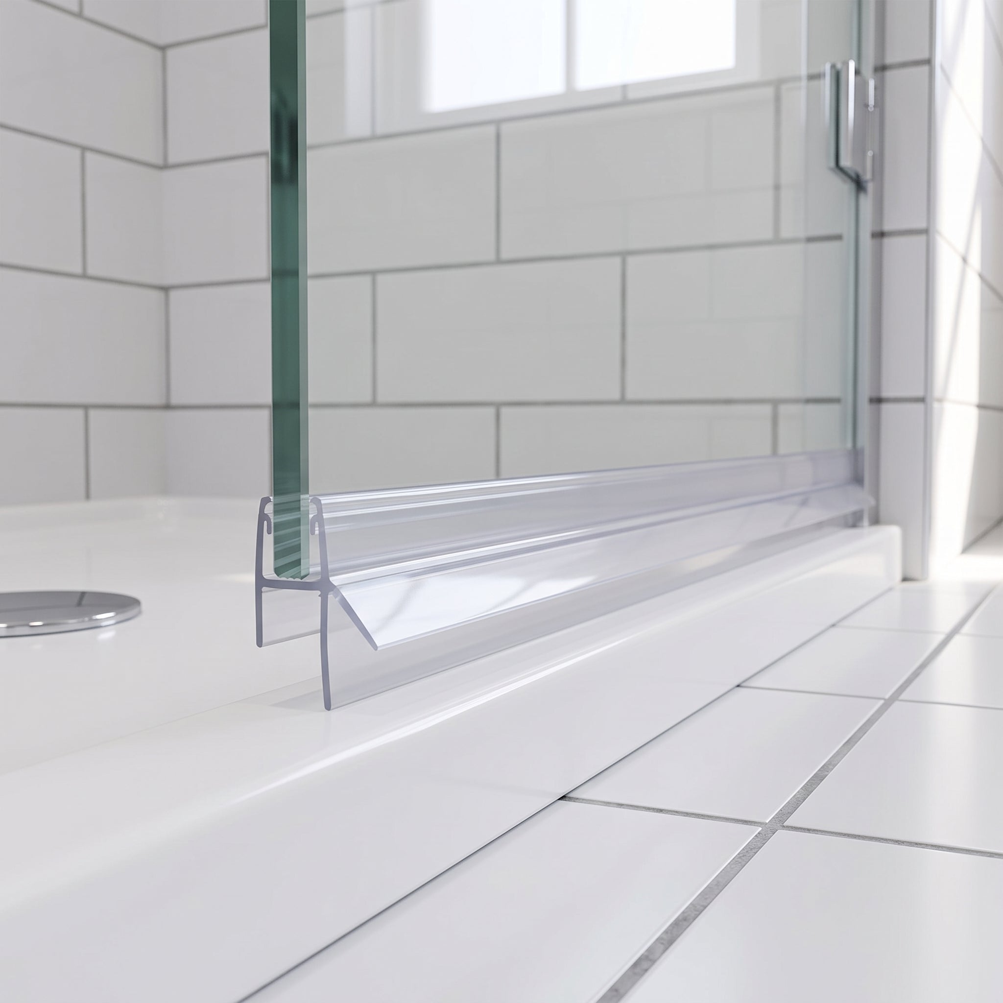 Clear SEAL049 seal on a 4-6mm glass door bottom edge - fins closing a 7-12mm gap to the tray