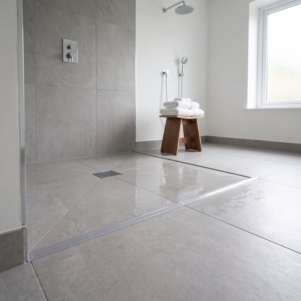 Clear threshold bead running across a grey tiled wet room floor, drain and teak towel stool behind