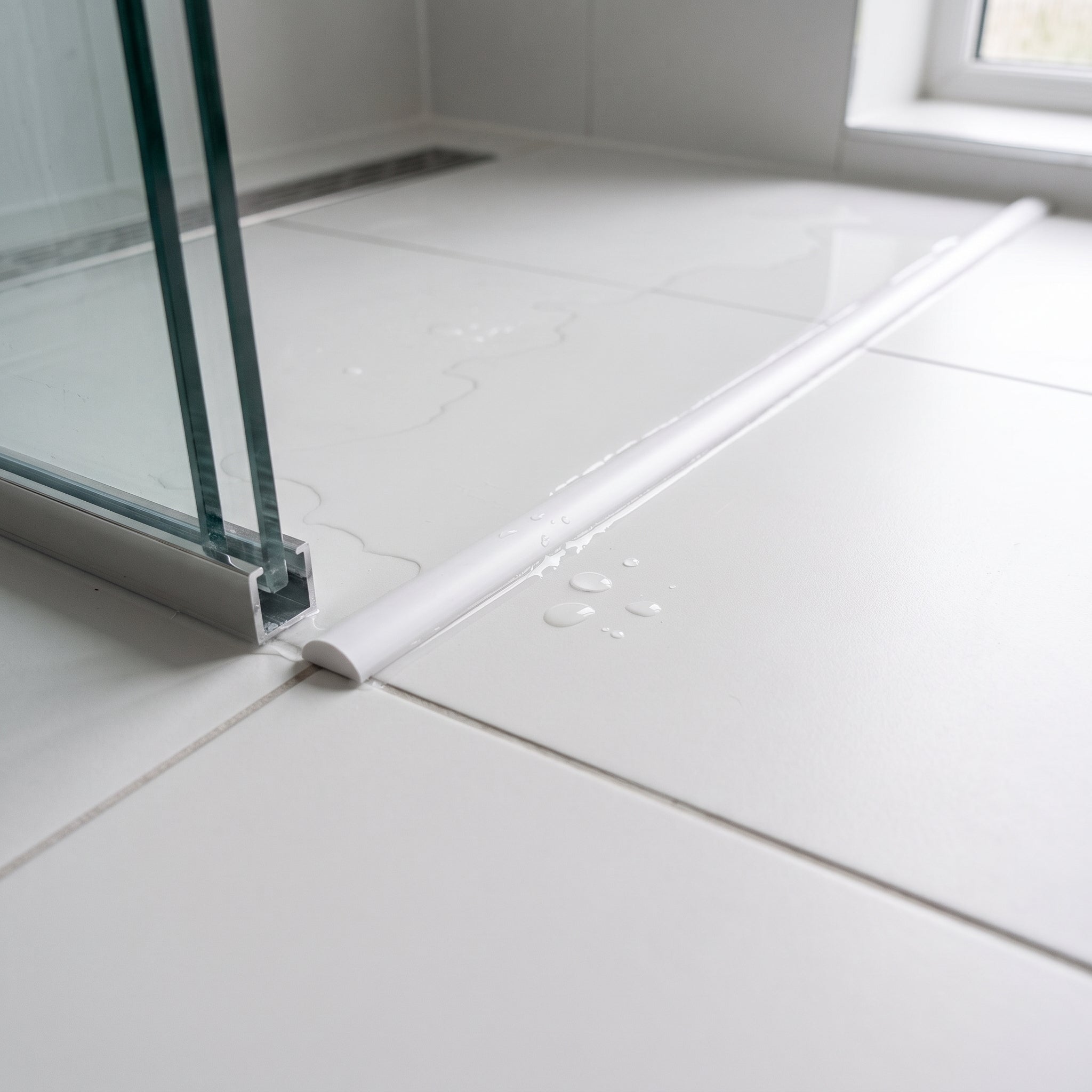 White SEAL055W threshold strip siliconed across a wet room floor holding water on the shower side