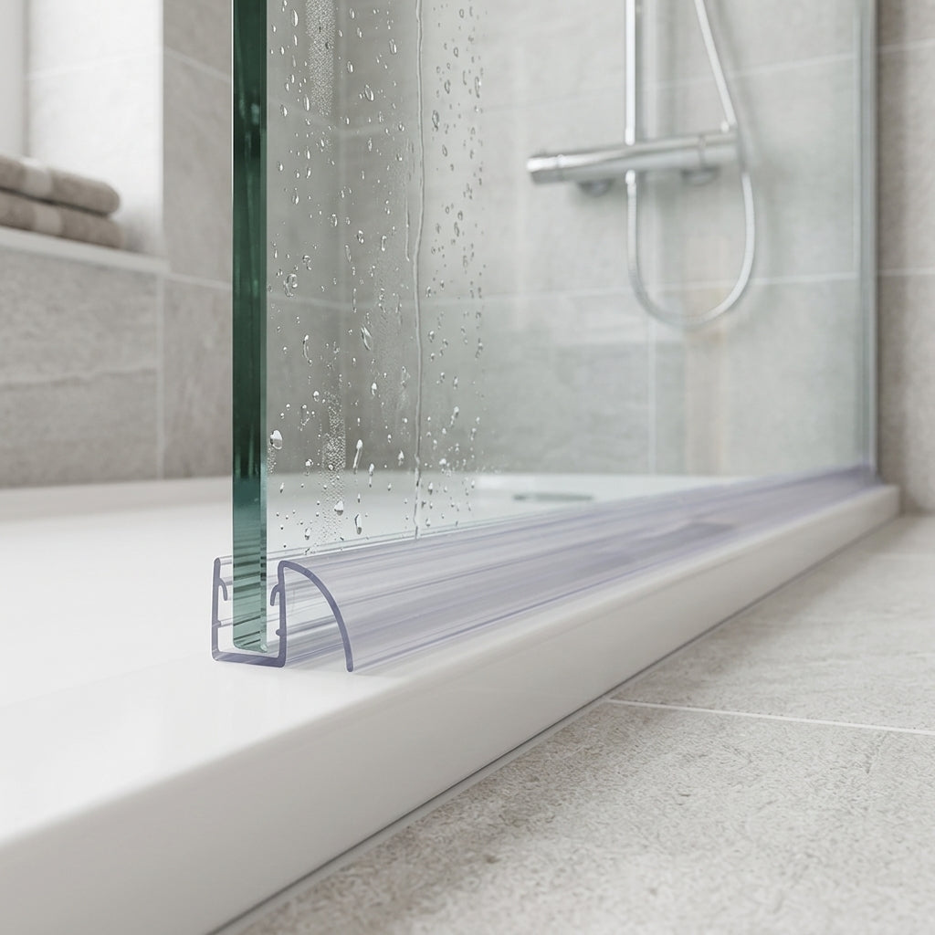 Shower screen seal installed on glass panel - Shower Screen Seal - Fits 8-10mm Glass - Lengths of 800mm, 900mm, 1400mm and 2000mm
