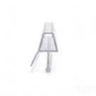 Clear seal offcut end-on on white, tapered glass channel with an angled fin and a bulb-tipped stem