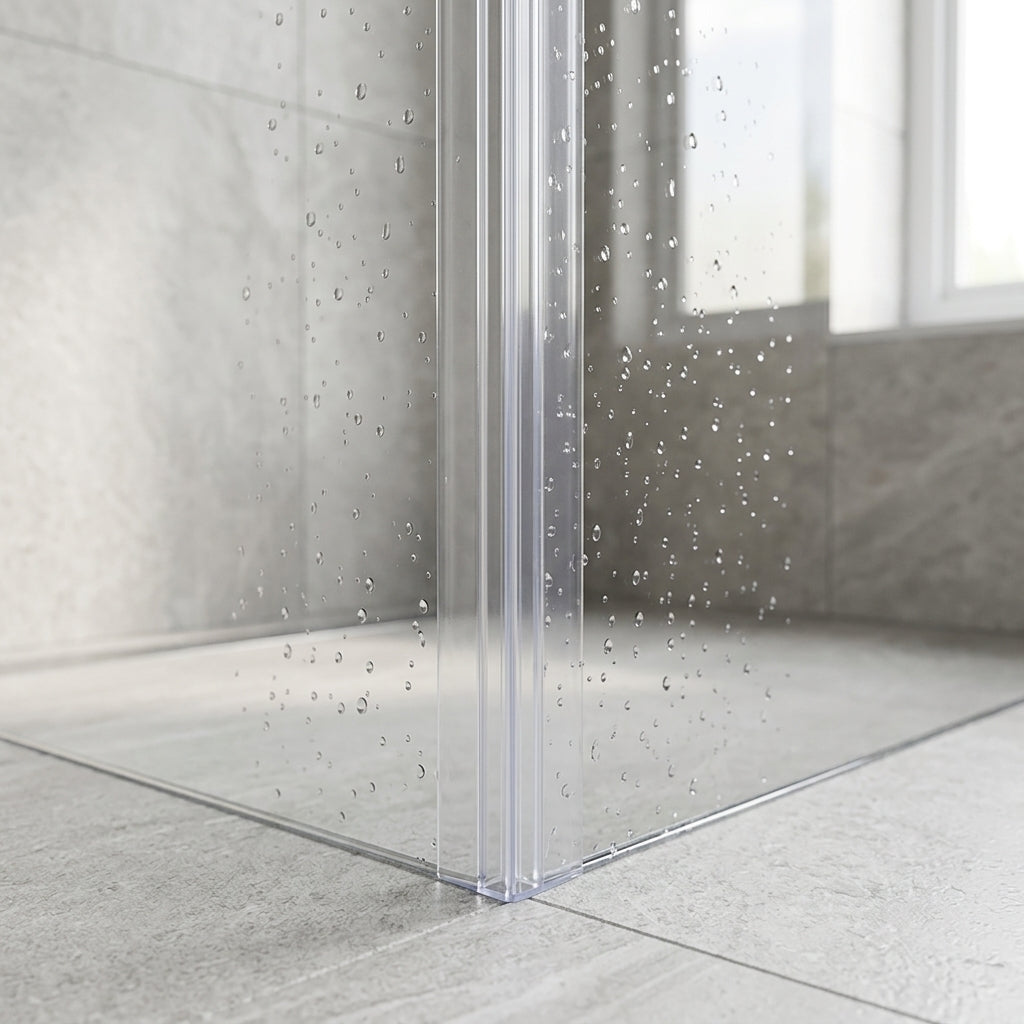 Corner join seal installed between glass shower panels - 90-Degree Join Seal - Fits 8-9mm Glass (10mm Tight Fit)