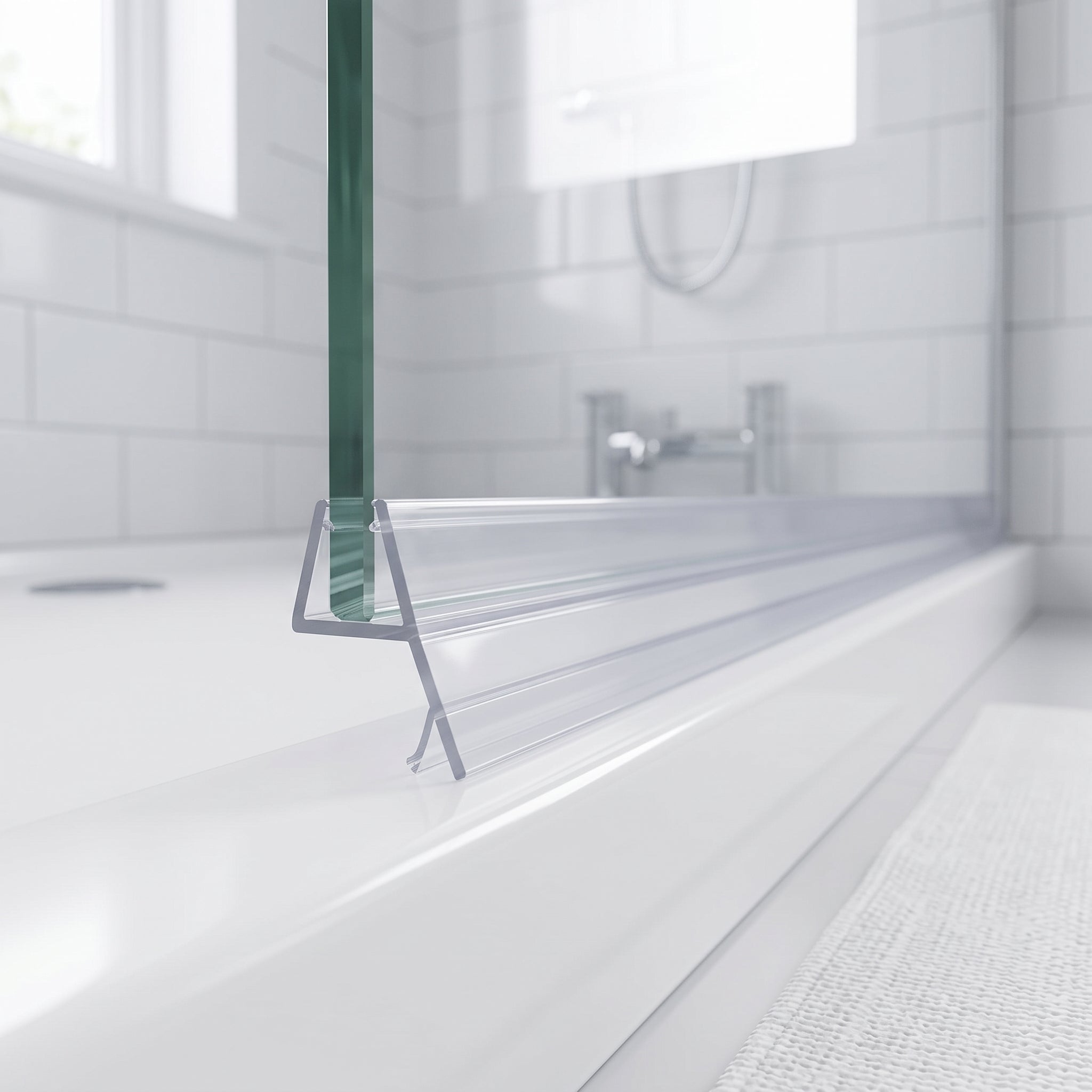 SEAL068 clear seal on 4-6mm bath screen glass - angled blade and fin closing a 6-11mm gap to the tray