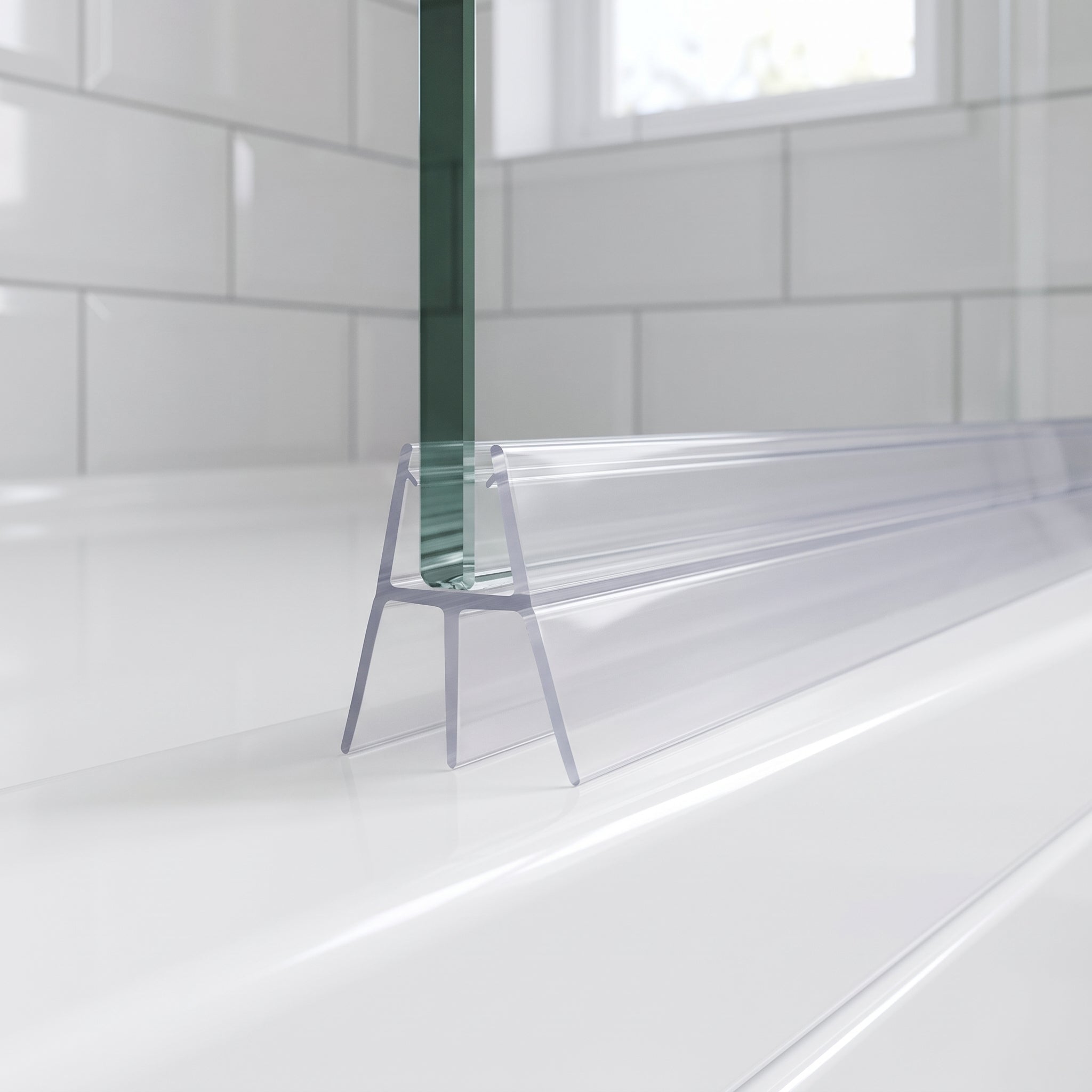 Clear SEAL070 seal on a 4-6mm bath screen bottom edge - three fins closing a 10-15mm gap to the tray