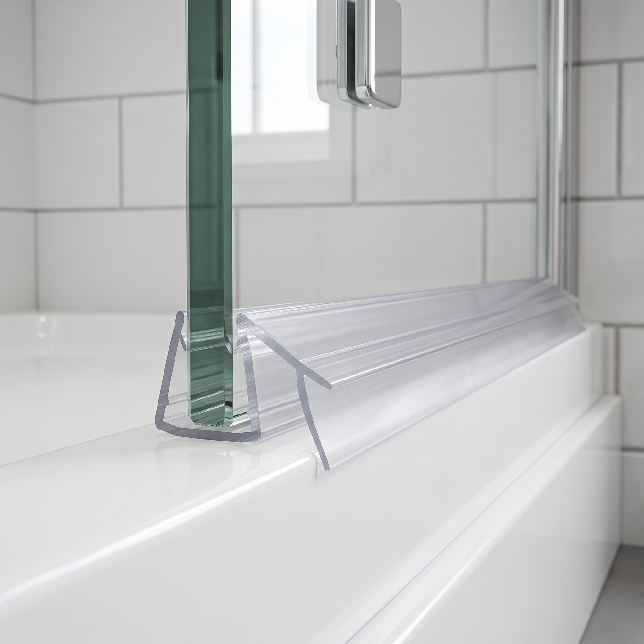 Clear SEAL074 seal on a 4-6mm glass door bottom edge - angled arm and flap sealing to the tray edge
