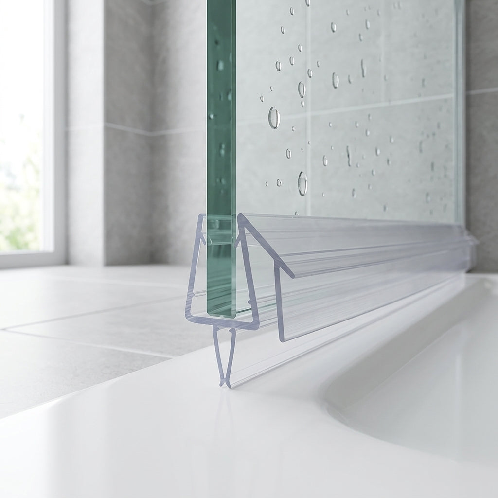 Shower screen seal installed on glass panel - Shower Screen Seal - Fits 8-10mm Glass - Lengths of 800mm, 900mm, 1400mm and 2000mm