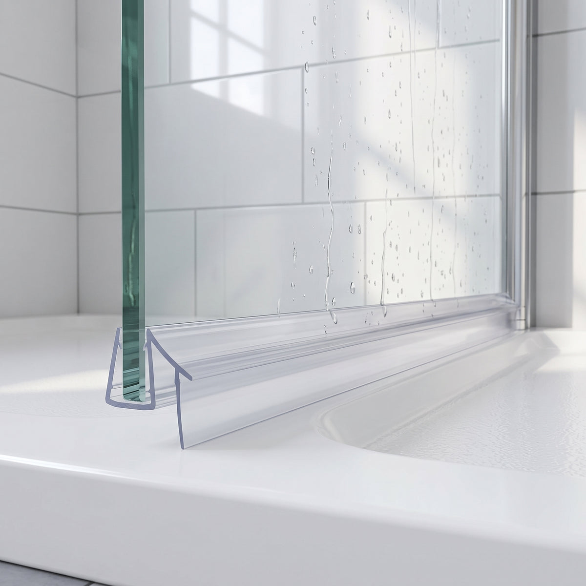 Clear seal with two angled blades along the foot of a wet glass shower door on a white tray