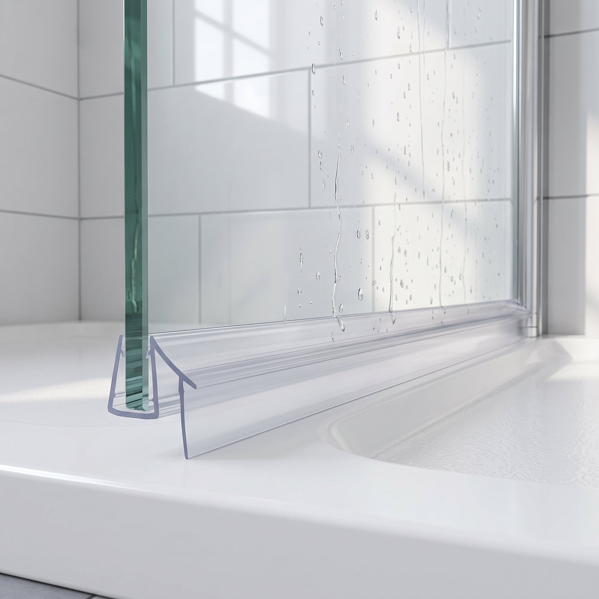 SEAL077 clear seal fitted full width along the bottom of 8-10mm glass closing a 2-6mm gap to the tray
