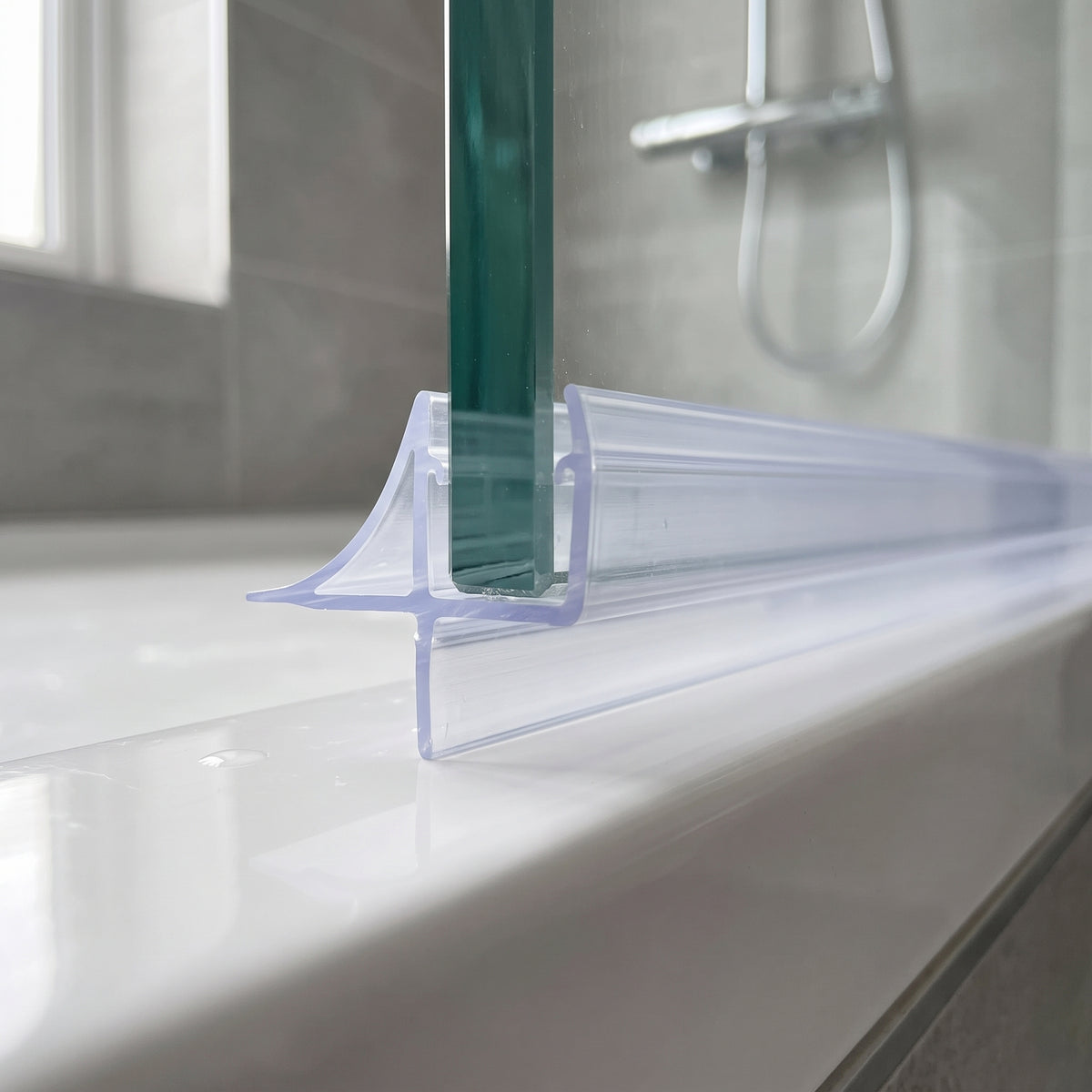 Clear seal along a glass screen bottom edge on a white tray, grey tiles and shower rail behind