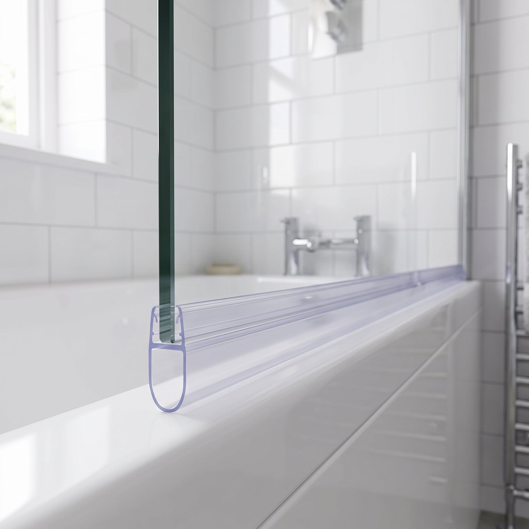 SEAL079 clear bath screen seal fitted full width along the bottom edge of 4-6mm glass, teardrop bubble closing the gap to the bath