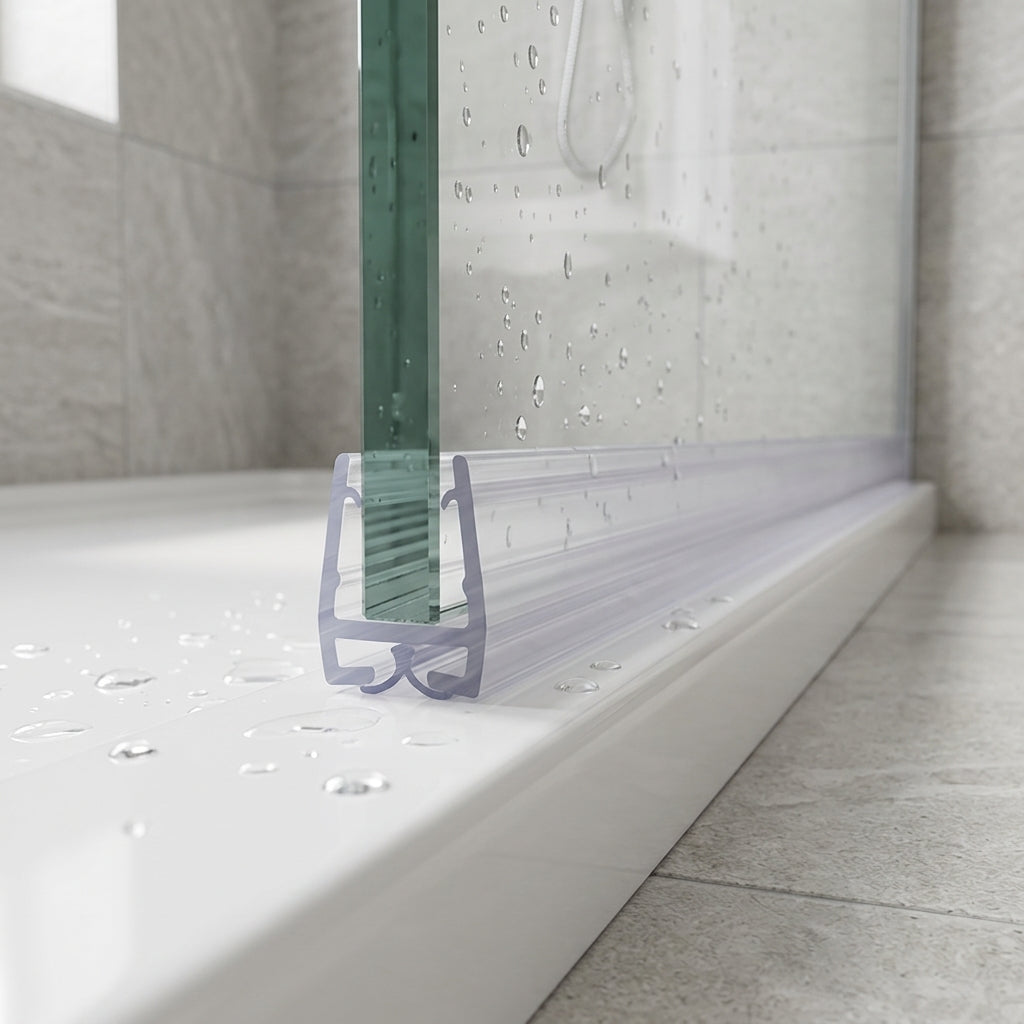 Shower screen seal installed on glass panel - Shower Screen Seal - Fits 4-6mm Glass - Lengths of 800mm, 900mm, 1400mm and 2000mm