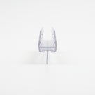 Clear shower seal seen end-on on white - open glass channel on a flat foot with a straight T-blade below