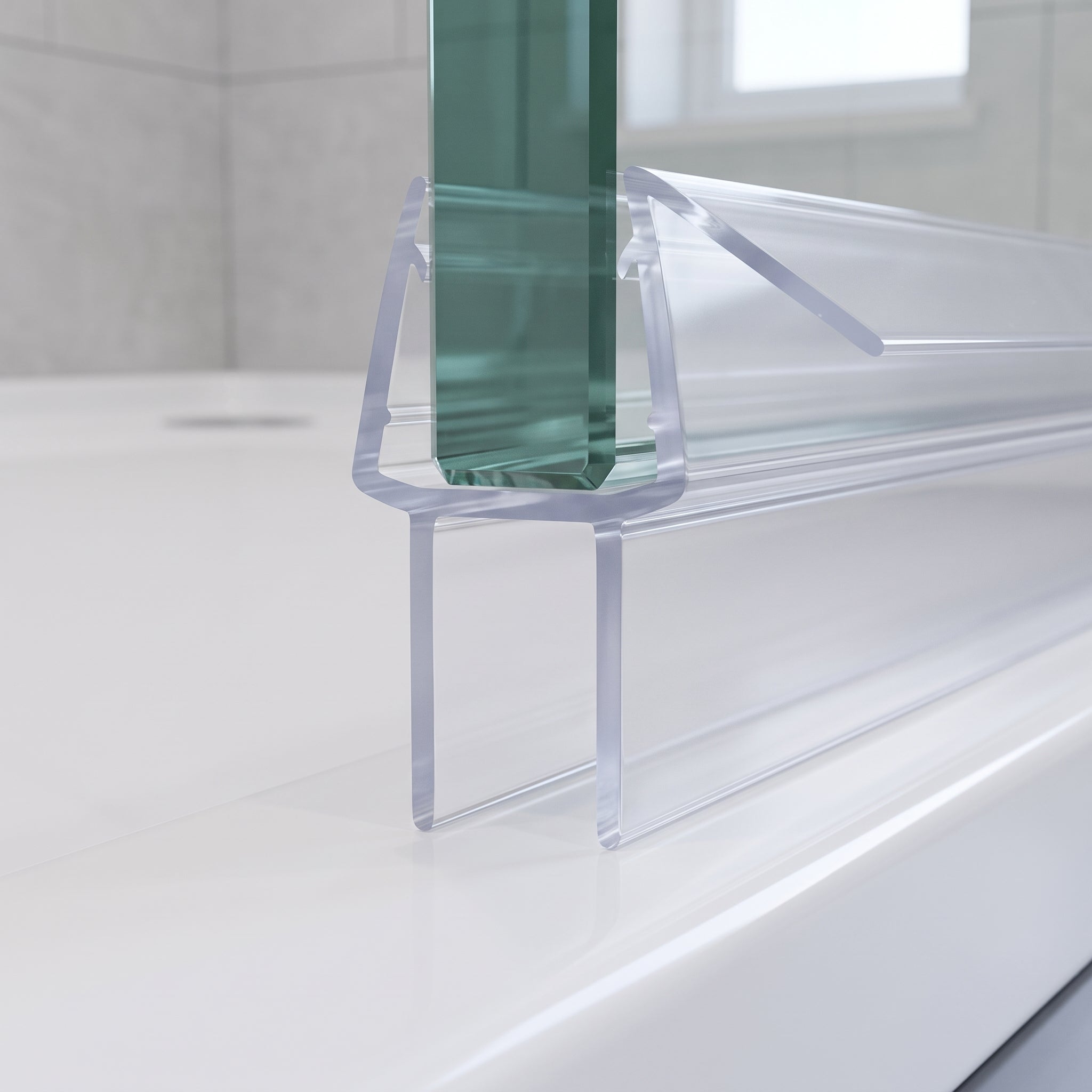 Clear seal capping the bottom edge of 6-8mm glass, angled fin and twin 10mm blades closing a 5-10mm gap to the tray