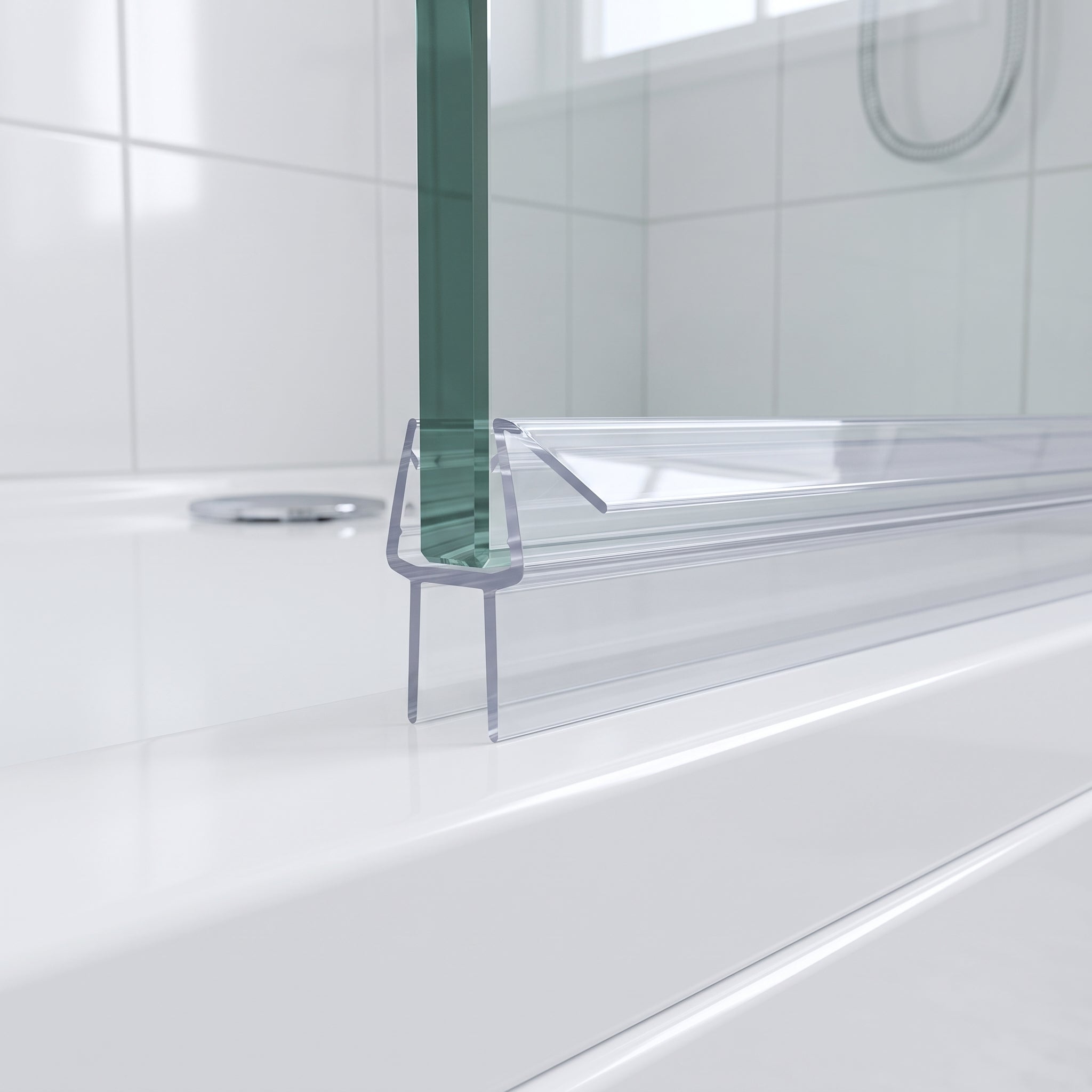 Clear SEAL088 seal on a 10mm glass door bottom edge - twin fins closing a 5-10mm gap to the tray