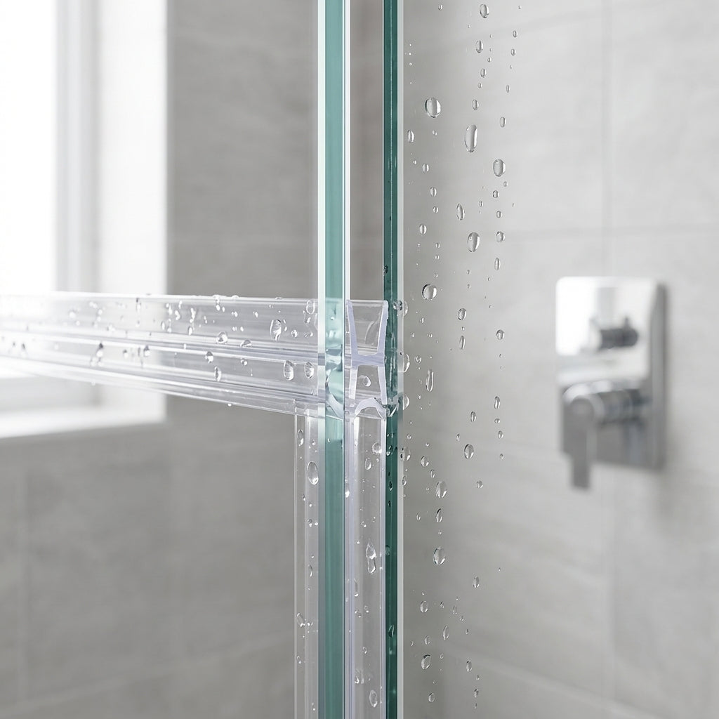 Clear shower screen join seal installed on glass panels - adhesive tape invisible after fitting