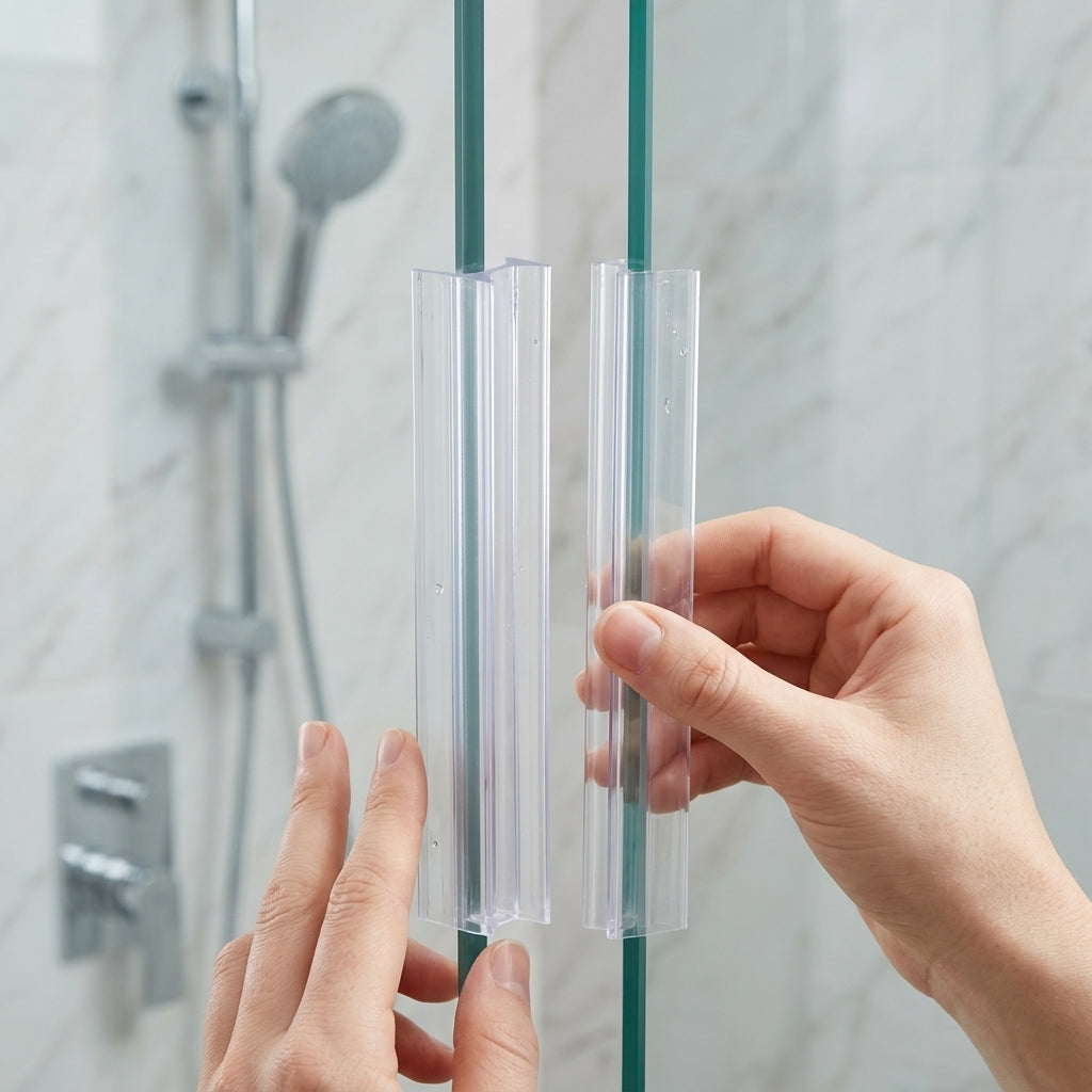 Fitting the clear glass join seal to a shower panel - no visible tape once installed
