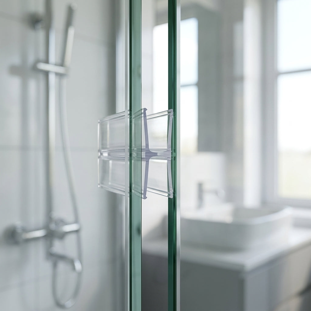 Clear H-join seal installed between two glass shower panels - self-adhesive tape hidden once fitted