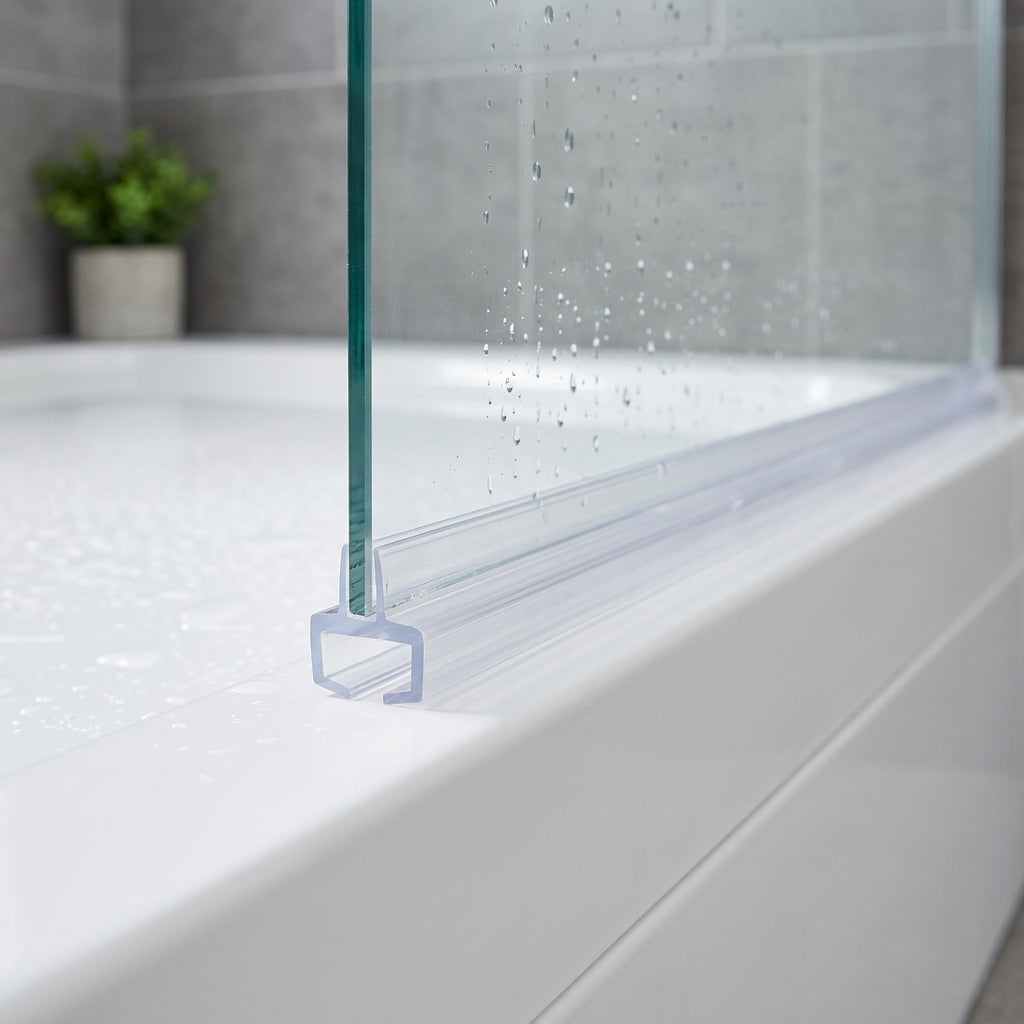 Clear self-adhesive shower screen seal installed along the bottom of a glass bath screen - VHB tape hidden once fitted
