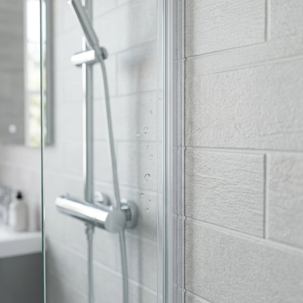 Clear self-adhesive shower screen seal fitted vertically between glass screen and tiled wall - no tape visible when installed
