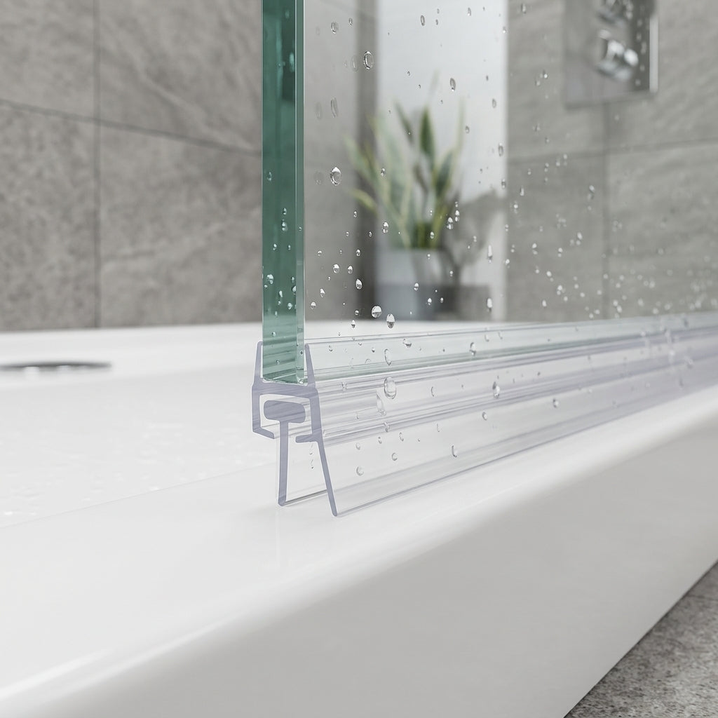 Clear VHB tape seal carrier with T-seal installed along glass shower panel bottom - no tape visible when fitted