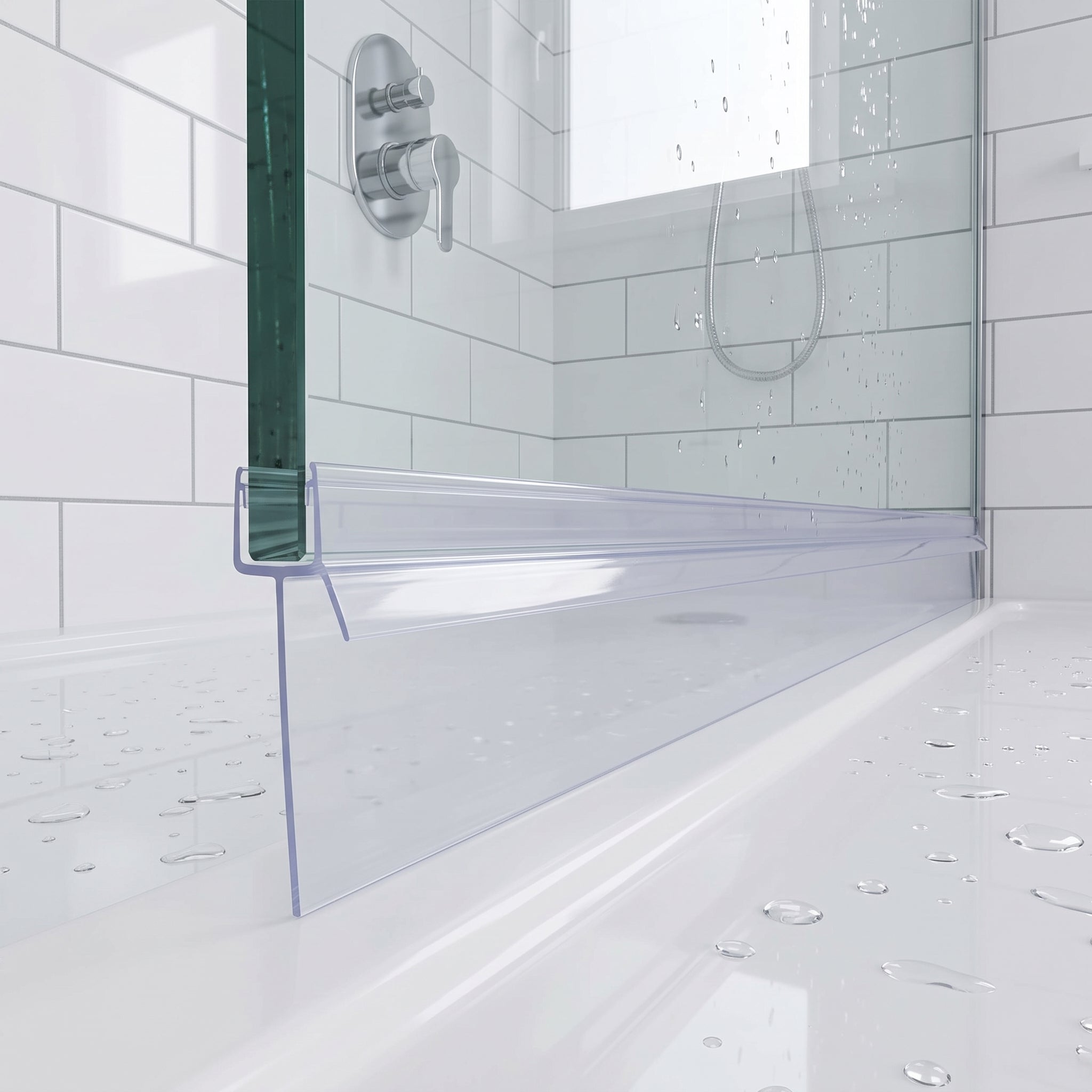 SEAL095 clear seal fitted full width along 8-10mm glass with 50mm skirt closing a 45-55mm gap to the tray