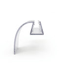 Clear deflector seal offcut on white, end-on: a U-channel with a long curved fin sweeping down