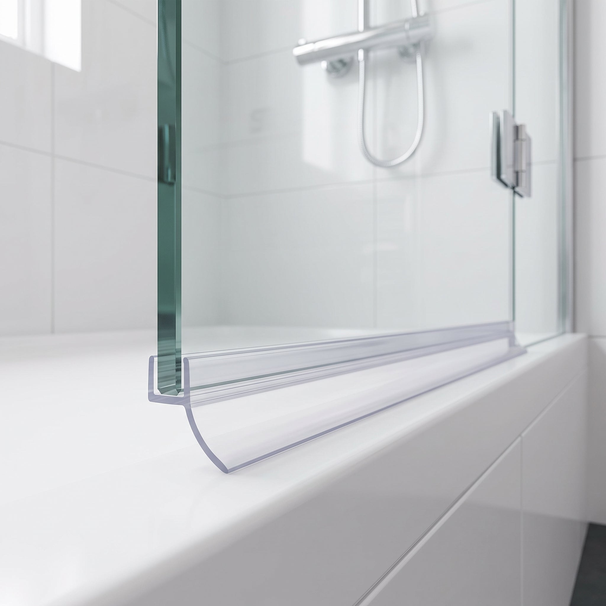 Clear SEAL111 seal on a 10mm glass door bottom edge - curved blade sweeping the gap to the tray