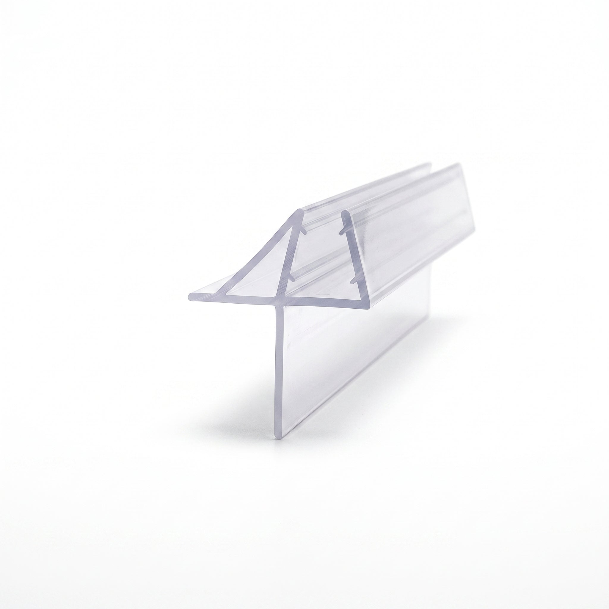 SEAL114 clear shower screen seal profile - 17mm channel for 8-10mm glass with deflector fin and 16mm drop blade