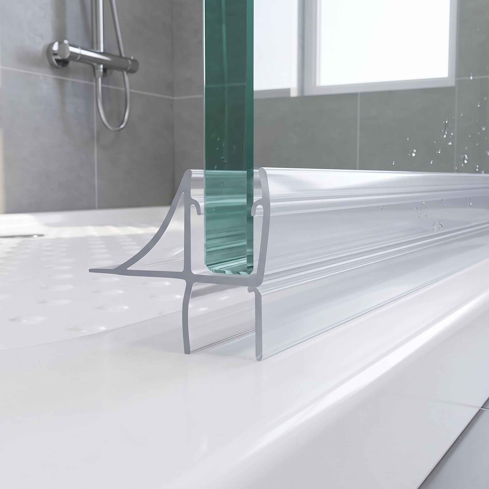 Clear seal on 8-10mm glass with sweeping deflector and 10mm fin sealing a 5-10mm gap to the tray