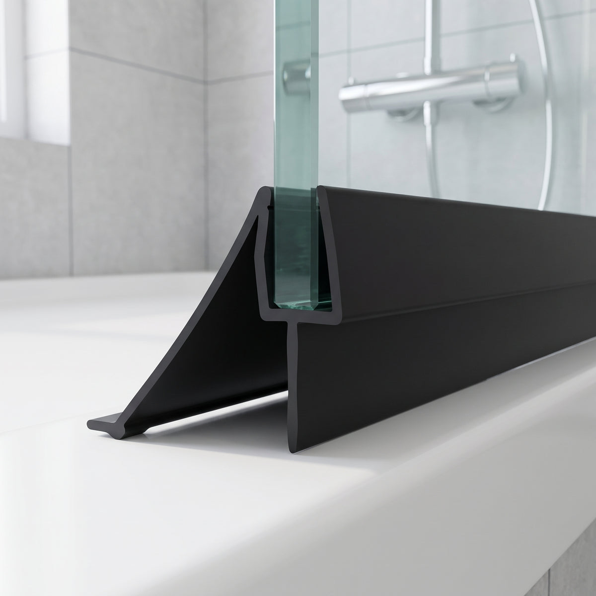 Black seal with a wide sweeping deflector and straight fin on a glass screen edge, over a white bath