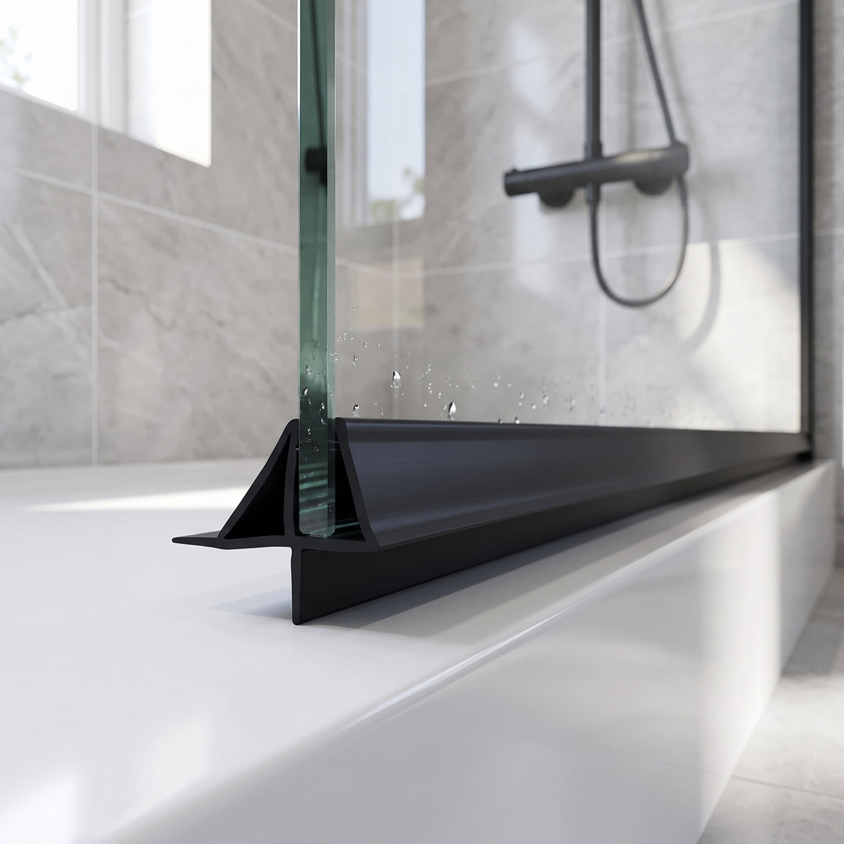 Black seal along a bath screen bottom edge on a white bath, grey marble-effect tiles behind