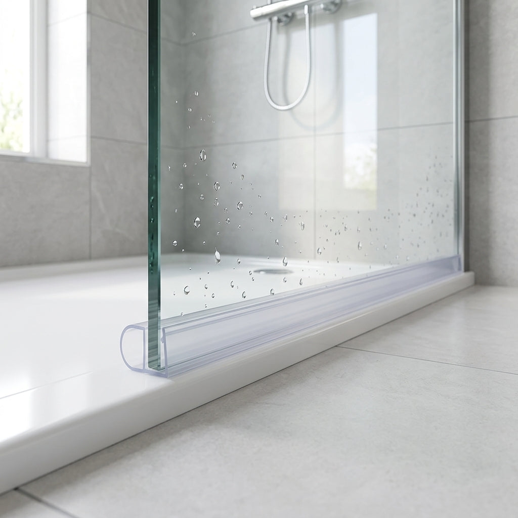 Shower screen seal installed on glass panel - Shower Screen Seal - Fits 4-6mm Glass - Lengths of 800mm, 900mm, 1400mm and 2000mm