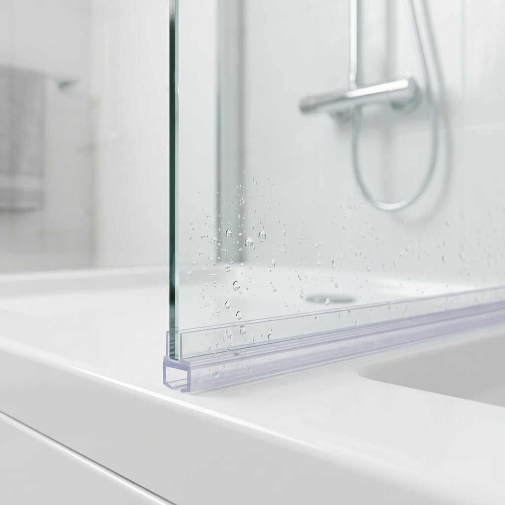 Clear self-adhesive shower screen seal installed on glass panel bottom edge - VHB tape hidden once fitted