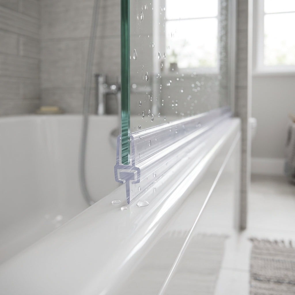 Clear self-adhesive seal with T blade installed along bath screen bottom edge - VHB tape hidden once fitted
