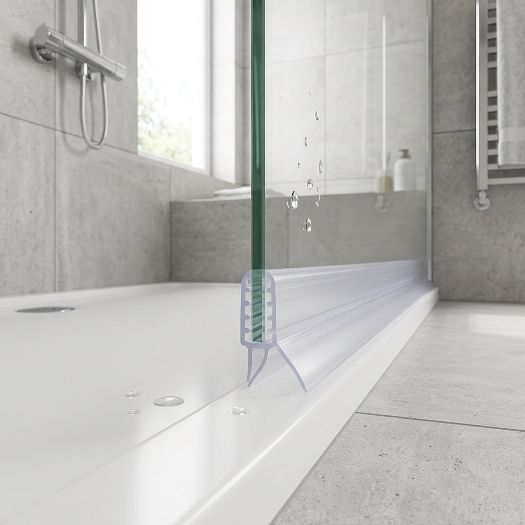 Shower screen seal installed on glass panel - Shower Screen Seal - Fits 4-6mm Glass - Lengths of 800mm, 900mm, 1400mm and 2000mm