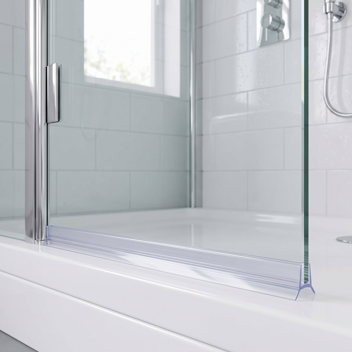 Clear seal along the bottom edge of a glass shower screen on a white tray, chrome handle behind