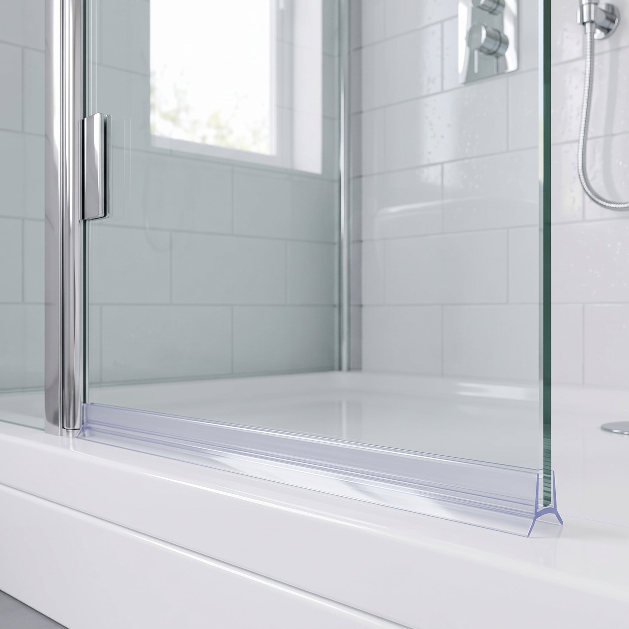 SEAL137 clear seal fitted full width along the bottom of 6-8mm glass, fins closing a 1-3mm gap to the tray