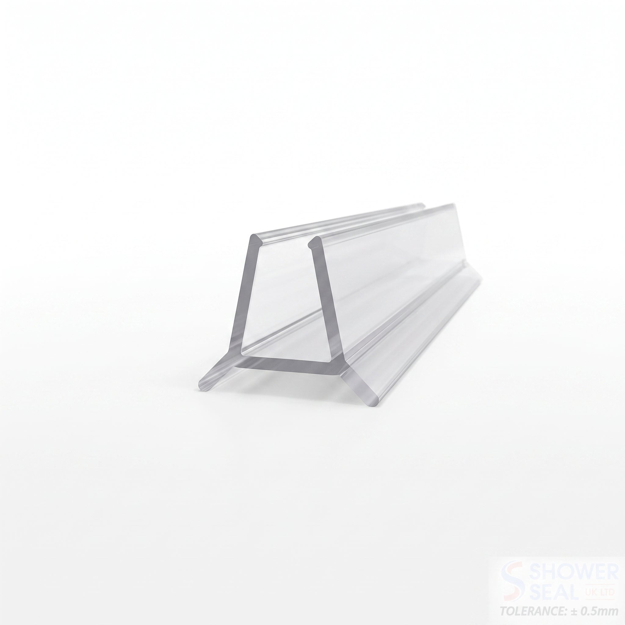 SEAL137 clear shower screen seal profile - 12mm channel for 6-8mm glass with twin splayed base fins