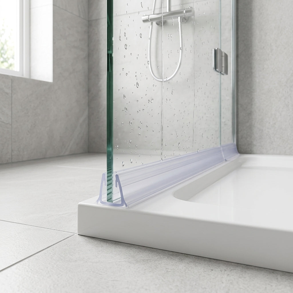 Shower screen seal installed on glass panel - Shower Screen Seal - Fits 4-6mm Glass - Lengths of 800mm, 900mm, 1400mm and 2000mm