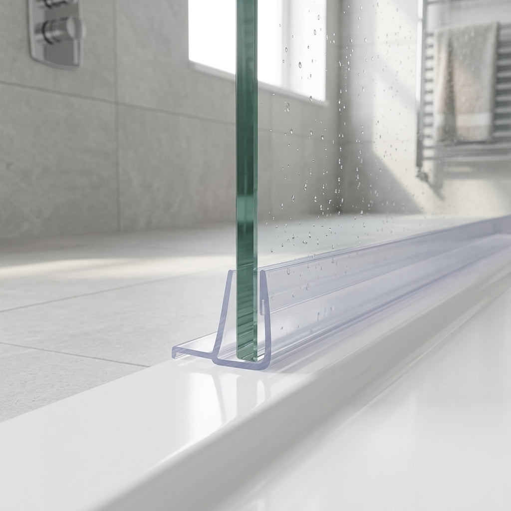 Shower screen seal installed on glass panel - Shower Screen Seal - Fits 6-8mm Glass - Lengths of 800mm, 900mm, 1400mm and 2000mm