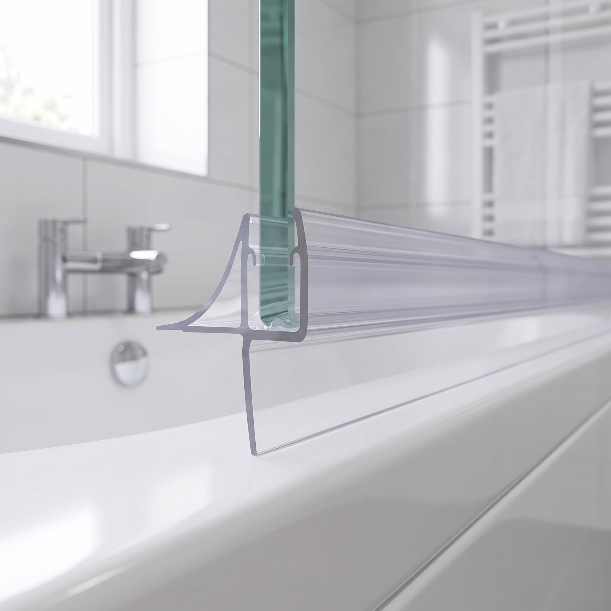 Clear SEAL141 bottom seal on 4-6mm bath screen glass - wing fin, foot and 20mm blade closing a 15-20mm gap