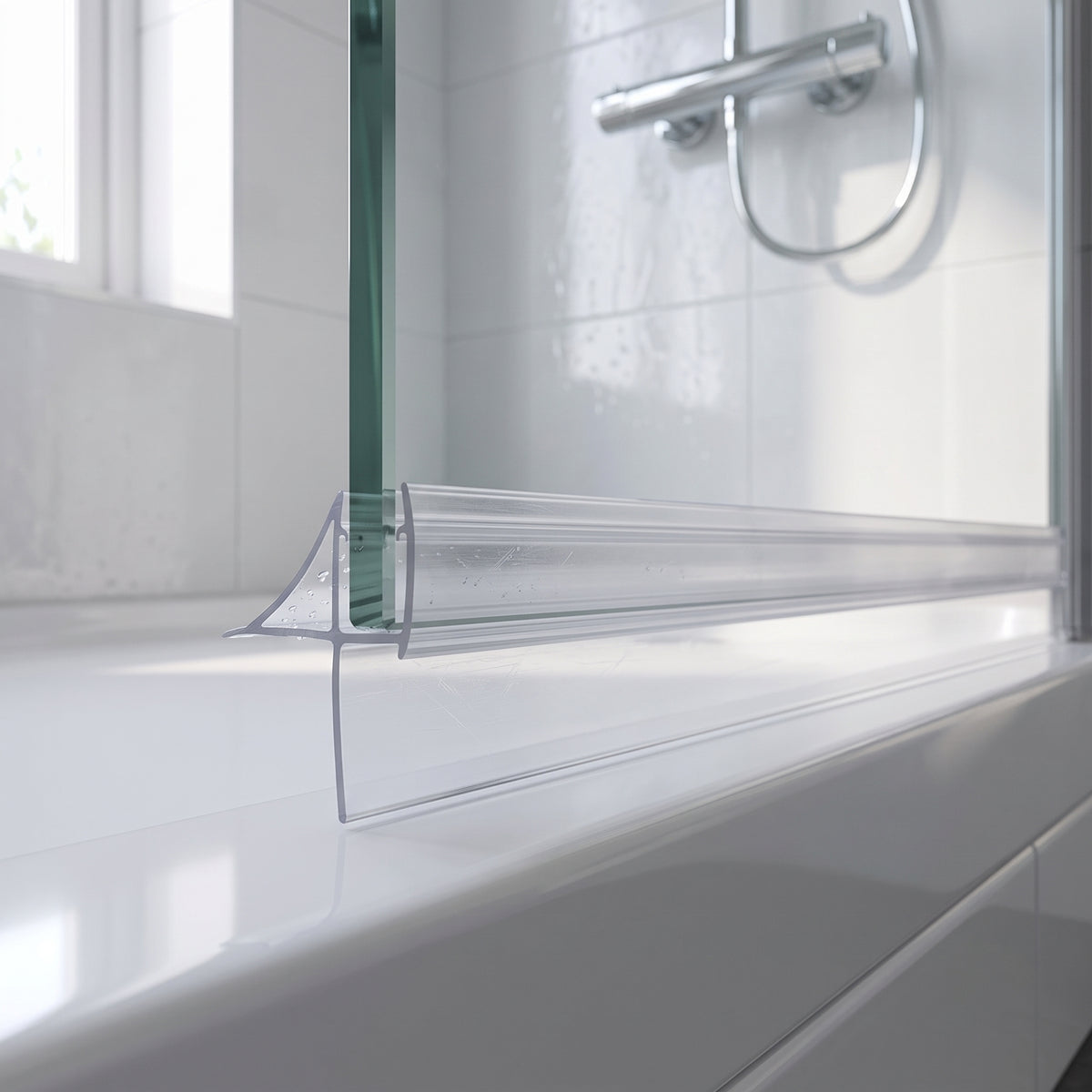 Clear seal along a glass door bottom edge on a white bath, wet tiles and shower hose behind