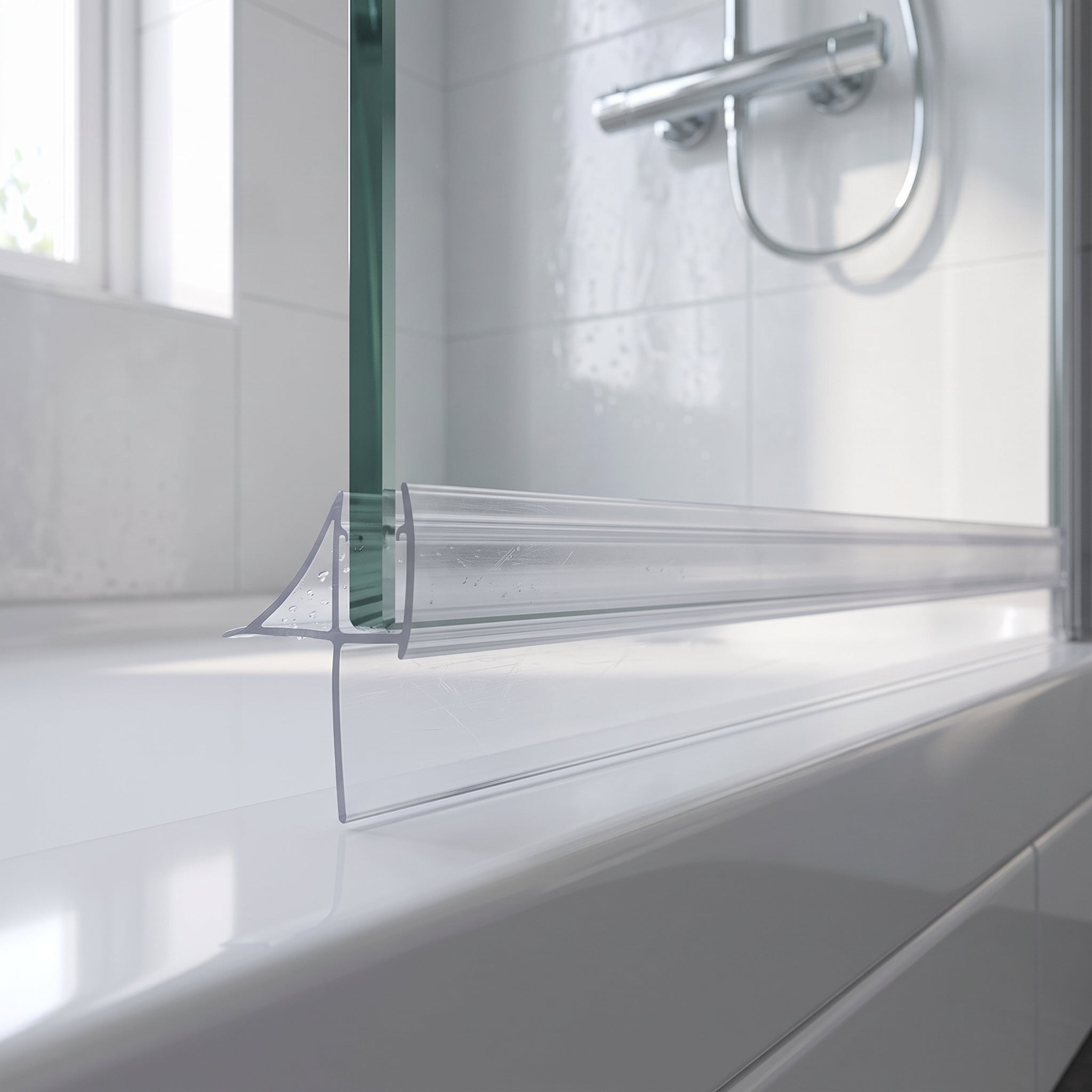 Clear SEAL142 seal on a 10mm glass door bottom edge - wing and 20mm fin closing a 15-20mm gap